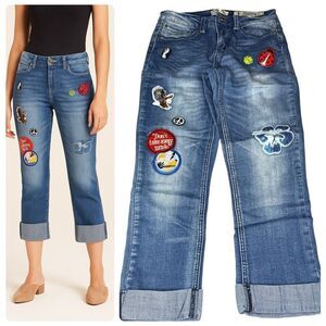 Indigo Rein Crop Jeans w/ Embroidered Patches | Y2K Boho | Size 5